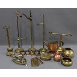 Brass and copper wares to include bed pans, students lamp and a snooker cue rack, etc (a lot)