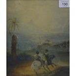 19th century watercolour with two figures on horseback, apparently unsigned, framed under glass,