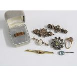 9ct gold gemset ring, 9ct gold bar brooch, opal brooch, two silver brooches, scrap 9ct gold dress