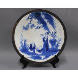 Chinese blue and white shallow dish with long Eliza style pattern and with brown incised border,