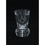 Masonic firing glass, clear glass with etched square and compass motif and De Vere, 10cm