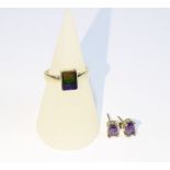 14ct gold dress ring, size N, and a pair of 9ct gold amethyst stud earrings (2)