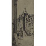 Canongate Tolbooth Edinburgh, etching, signed indistinctly, framed under glass, 15 x 30cm