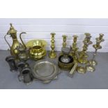 Collection of brass and pewter wares to include candlesticks, tankards and trays, etc (a lot)