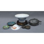 Mixed lot to include two pewter vin de taste, Japanese porcelain bowl, cloisonne dish, Indian enamel