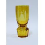 Masonic firing glass, amber glass with etched square and compass on a circular facet cut base, 14cm