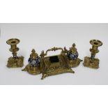 Brass desk inkwell set with two blue and white ceramics inkwells and a pair of matching desk