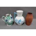 Blue and white Aesthetic pottery jug, terracotta vase and a studio pottery jug, 30cm (3)