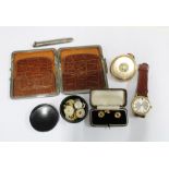 Waltham gold plated half hunter pocket watch, Gents Caravelle wrist watch, set of three 9ct gold