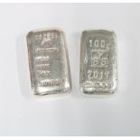 Two 100g pure silver bars (2)