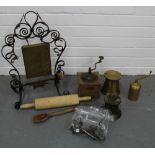 Vintage kitchenalia to include coffee grinder, rolling pin, table gong and beater, corkscrews, small
