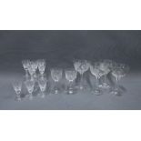 Group of fruit and vine etched glass wine glasses and a set of eight crystal sherry glasses (14)