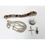 Silver and hardstone bracelet, silver necklace, silver brooch and crucifix and a lantern charm (5)