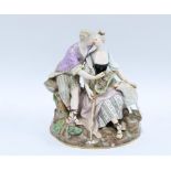 19th century Meissen porcelain figure group of a shepherdess and companion, blue crossed swords