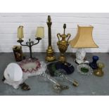 Collection of table lamps to include Corinthian brass column lamp, white glazed pottery table lamp