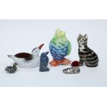 Griselda Hill Pottery miniature Wemyss cat, 9cm , herring gull porcelain pin cushion, pottery