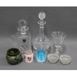 Mixed lot to include two decanters with stoppers, two glass night light shades, moulded glass salts,