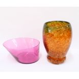 20th century glass vase with green and orange inclusions 25cm together with a purple art glass