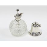 George V silver bell shaped inkwell with ceramic liner, Birmingham 1912 and a cut glass and white