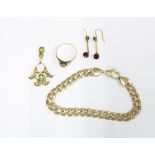 Gold curb link bracelet, stamped 9k Italy, together with a 15ct gold peridot and seed pearl