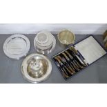 Collection of silver plate and Epns items to include an ice bucket, place mats and stag hoirn