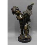 After Auguste Moreau, a bronze figure of a girl with a duck, signed, on a circular hardstone base,