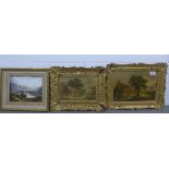 Two printed reproduction paintings on tin, in ornate frames, together with framed porcelain tile /