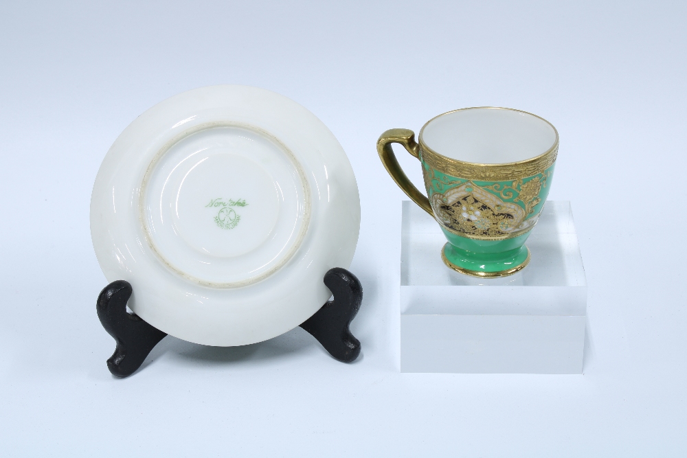 Noritake set of six coffee cups and saucers, green ground with black, white enamelled pattern and - Image 3 of 3