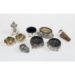 Various silver salts, silver pepper pot, etc, together with a epns and cork bottle stopper (9)