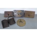 Three antique lock plates and keys, a pair fo iron horse stirrups and a brass sundial (5)
