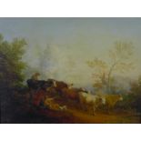 Reproduction oil painting, rural scene with cattle, framed, 34 x 26cm