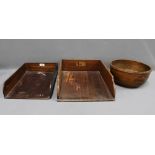 Two early 20th century wooden stationery In / Out trays and a wooden bowl, (3)