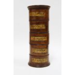 Treen spice tower with five sections with paper labels for All- Spice, Nut-Meg, Caraway, Ginger