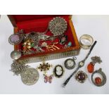 Quantity of costume jewellery, continental silver cased fob watch, silver napkin ring and a cocktail