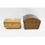 Mahogany and chequer banded work box with a domed lid and void interior, 22 x 19cm, together with