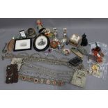 Mixed lot to include costume jewellery, pair of Birmingham silver desk candlesticks, small