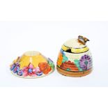 Clarice Cliff My Garden candlestick 9cm, and a Clarice Cliff Gayday beehive honey pot and cover (