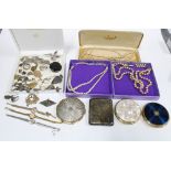 Three vintage powder compacts, silver cigarette case and a collection of silver and costume
