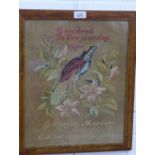 Dutch tapestry with bird and foliage, translated 'A gift on your birthday, my beloved Mother'