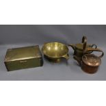 Brass and copper wares to include a box, watering can and large quaich style bowl, etc (a lot)