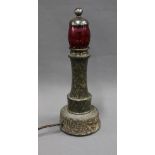 Serpentine stone nightlight / table lamp with granite base and cranberry glass shade, metal cover