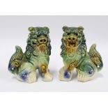 A pair of green and blue glazed temple dog / lions 14cm (2)