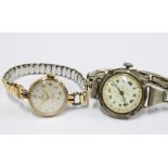 Early 20th century ladies silver cased wristwatch and a gold plated Cyma wristwatch (2)