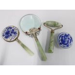 Chinese blue and white rouge pot, jadeite roller and magnifying glass, 18cm and a small mirror (4)