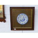 Davenport transfer printed blue and white plate, in a glazed oak frame