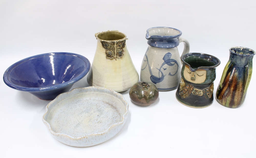 A collection of studio pottery vases and dishes and an early 20th century vase, 20cm high (7)