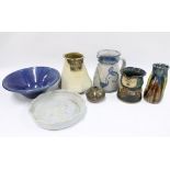 A collection of studio pottery vases and dishes and an early 20th century vase, 20cm high (7)