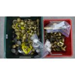 architectural salvage - two boxes of doorknobs, mainly brass, etc (2)