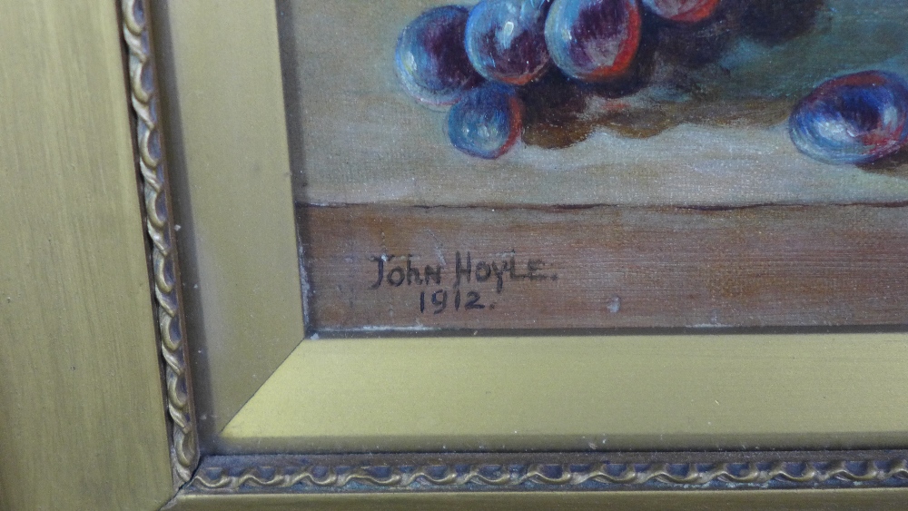 John Hoyle, still life of fruit, oil on canvas, signed and dated 1912, framed under glass, 30 x 20cm - Image 3 of 4