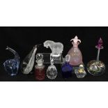 Various coloured glass animal figures and glass scent bottles, 19cm (9)